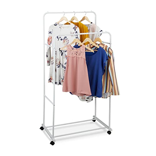 Relaxdays Kleiderständer auf Rollen, Metall, 2 Kleiderstangen, mobil, HBT: 162 x 80 x 51,5 cm, Rollgarderobe, weiß