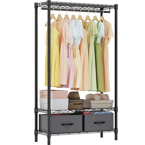 M MZG Robuster rollbarer Kleiderständer, 3 Etagen, verstellbares Drahtregal mit Stange, Aufbewahrungsschrank, Kleiderständer mit Schubladen, Dunkelgrau, 40,1 cm T x 90,2 cm B x 183,9 cm H