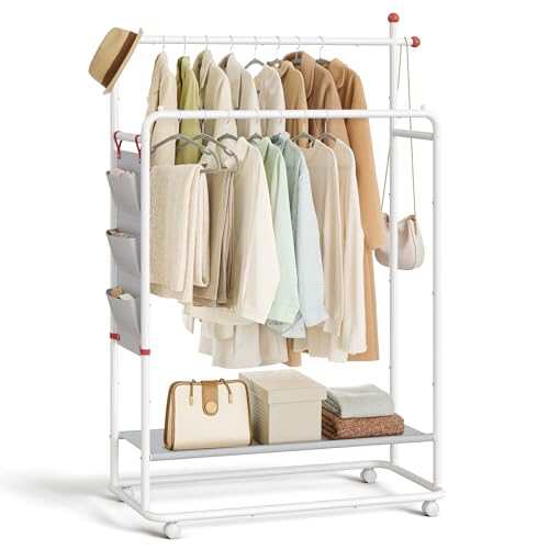 SONGMICS HOME Kleiderständer auf Rollen, Garderobenständer, 2 Kleiderstangen, Ablagefläche, seitlicher Organizer, Haken in Streichholz-Form, stabil, Schlafzimmer, Flur, mattweiß HSR171W01