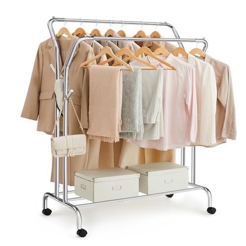SONGMICS Kleiderständer auf Rollen, 2 Kleiderstangen, Garderobenstange, Garderobenständer aus Stahlrohren, bis 100 kg belastbar, 103,5 cm breit, multifunktionale Aufbewahrung, silbern HSR107E01
