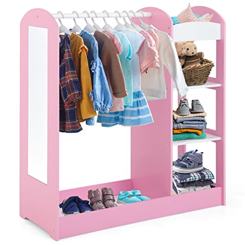 COSTWAY Kindergarderobe mit Spiegel, Prinzen Prinzessin Kleiderständer mit Kleiderbügel und 4 Ablagen, Kinder Kleiderschrank aus Holz, 93,5 x 38 x 100 cm (Rosa)