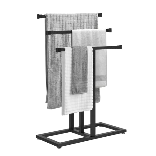 uyoyous Handtuchhalter stehend Metall Handtuchständer Freistehend mit 3 Handtuchstangen, 86x29x58 cm, extra großer Stabil Handtuchhalter modernes Badaccessoires, einfache Montage - Schwarz