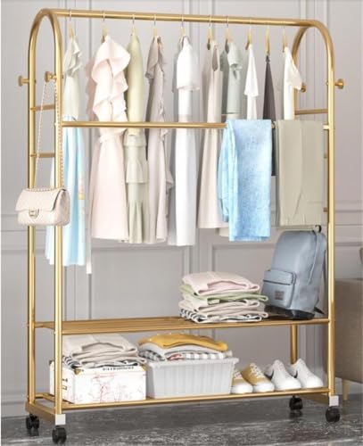Vertikale Garderobe mit Rollen und Schuhregalen, goldener Garderobenständer für Kleidung, Hüte und Schuhe, ideal für Bekleidungsgeschäfte, Wohnzimmer und Schlafzimmer, 100 cm breit