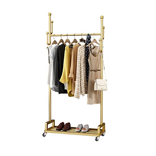 STARMS Kleiderständer Aus Metall, Rollbarer Kleiderständer, Kleiderständer, Freistehender Kleiderbügel Mit Seitlichen Haken Und Abschließbaren Rädern Zum Aufhängen Von Kleidung/Gold/60Cm