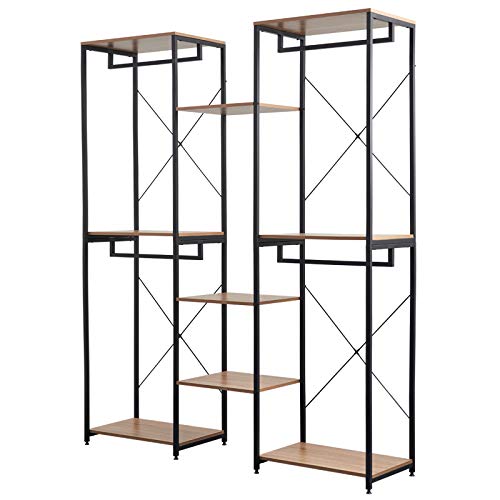 WOLTU Kleiderständer Kleiderschrank Garderobenständer Kleiderstange 2+3+2 Ablagen mit Schuhregal aus Spanplatte und Stahlrohr Hell Eiche+Schwarz SR0128hei