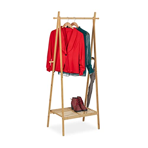 Relaxdays Kleiderständer Bambus, klappbar, Kleiderstange mit Ablage, 4 Haken, HBT: 160 x 74 x 42 cm, freistehend, natur