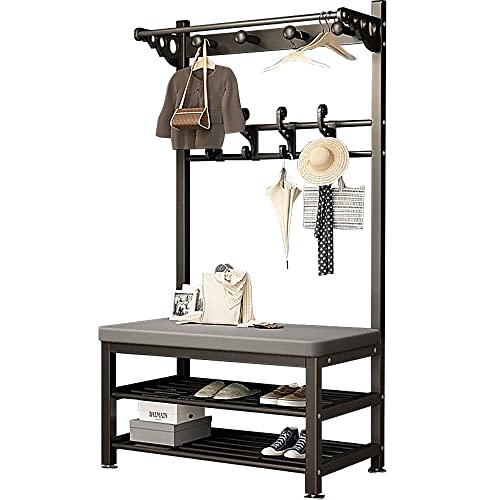 Metall Kleiderständer mit Sitzbank, Multifunktionale Garderobenständer mit Haken, Freistehender Kleiderbügel, Garderobe für Schlafzimmer Wohnzimmer (L:60/80/100CM)