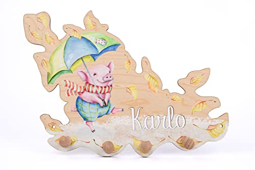 Personalisierte Kindergarderobe 'Sauwetter' aus Holz mit vier Kleiderhaken, Garderobe für Kinder mit Wunschnamen, Motiv Schweinchen im Sauwetter, ca. 35 x 28 cm