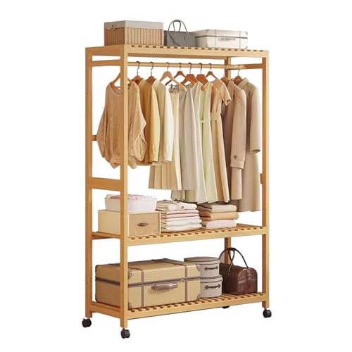 Tragbarer Kleiderständer aus Bambus mit Rädern, verstellbarer offener Kleiderschrank, freistehender Kleiderständer mit Regalen und Kleiderstangen, rollbarer Garderoben-Organizer zur Kleidera