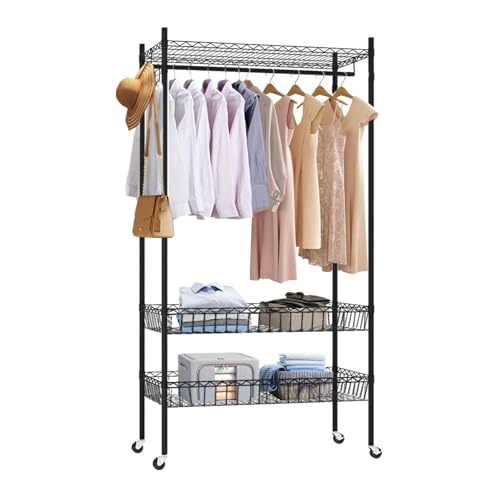 Kleiderständer, Ausziehbare kleiderstange mit Zwei Körben, Kleiderständer mit Rollen, Schwerlast Kleiderständer, Freistehender Kleiderschrank mit Aufhängestangen und Haken,80*39*180 cm,Schwarz.