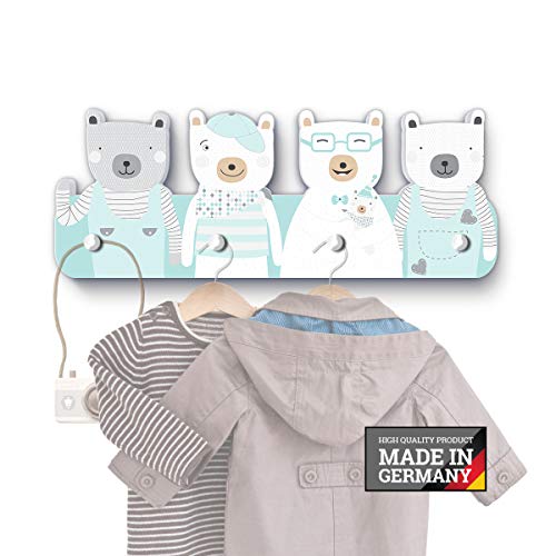 mintgrüne Bären G6 Kindergarderobe mit 4 Haken, Maße ca.: 40 x 15 x 1 cm, Wandgarderobe, Kleiderhaken, Wandhaken, Kindermöbel, Garderobenhaken, Kinderzimmer