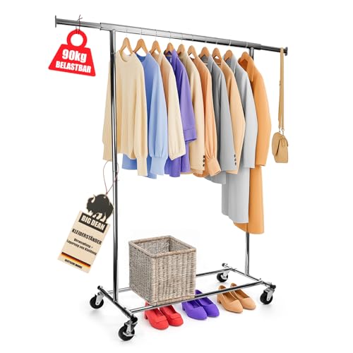 BigDean Kleiderständer auf Rollen 90kg belastbar ausziehbare Kleiderstange Kleiderständer in Sekunden aufgebaut