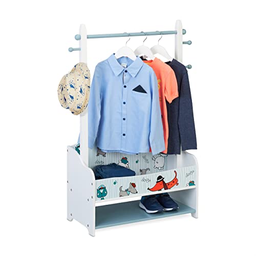 Relaxdays Kleiderständer Kinder, HBT: 101x71x30 cm, 4 Haken, 2 Ablagen, Garderobe, Kleiderstange für Kinderzimmer, bunt