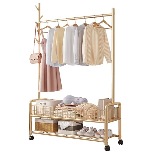 Garderobenständer im Industriedesign mit Schuhregal und Haken, Garderobenständer mit Stahlrahmen und Schuhregalen, Kleiderständer mit Rollen, 90/120 cm x 35 cm x 176 cm, robuste Flurgarderobe, trägt