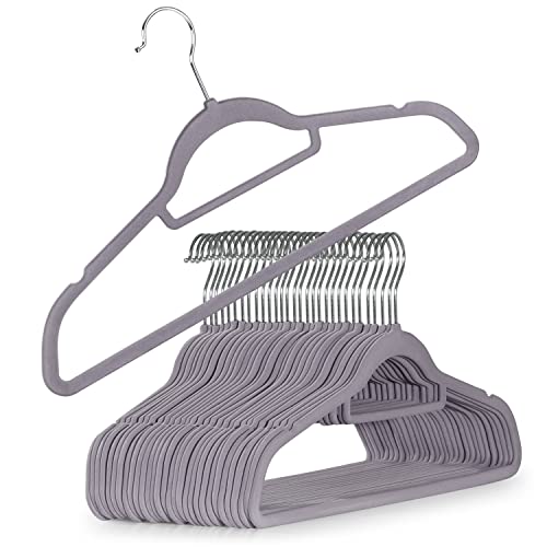 Blumtal 30 Stück Kleiderbügel Platzsparend mit Samtbezug - rutschfeste Premium Bügel inkl. Krawattenhalter, 360° drehbar, Grau