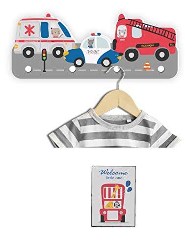 Kindsblick ® Rettungsautos Kindergarderobe in Bunt inkl. DIN A4 Poster - Garderobe mit 4 Kleiderhaken für Kinder - Wunderschöne Deko für jedes Kinderzimmer - Maße (38 x 15 x 1 cm)