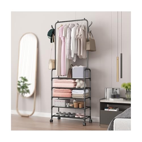 Rollbarer Kleiderständer mit Rollen, 3-in-1-Kleiderständer mit 4/5 Ablagen, Metall-Schuh- und Garderobenständer mit seitlichen Haken, multifunktionaler Kleideraufbewahrungs-Organizer für den