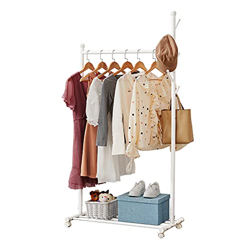 Kleiderständer auf Rollen 3 in 1 Multifunktional Kleiderbügel Fahrbare Kleiderstange Schwerlast Kleiderständer Metall Rollgarderobe Garderobenständer mit 5 Haken 2 Rollen mit Sperre (Weiß170cm)