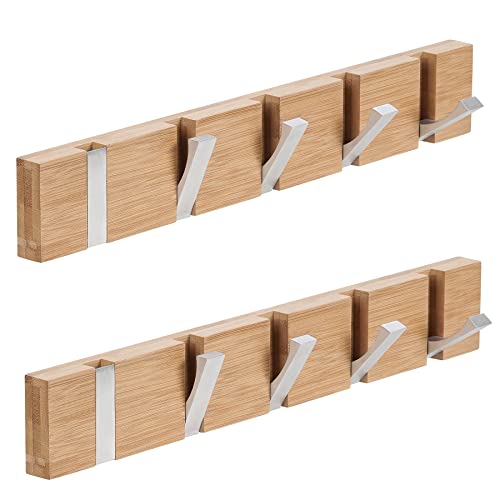 QILICZ Garderobenhaken 2er set Kleiderbügel - Wand Garderobenleiste Faltbarer Garderobe Kleiderhaken Bambus mit 5 Klapphaken für Mäntel, Hüte, Schals,Schlüssel,Handtuchhalter Faltregal