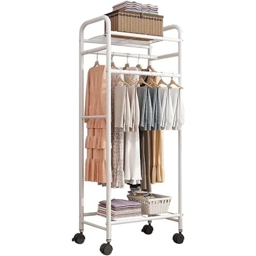 Generisch Robuster Kleiderständer mit Rädern – Tragbarer Kleiderständer aus Metall zum Aufhängen von Kleidung – Doppelstangen und 2 Ablagen – Rollbarer Kleiderständer (Weiß, 100 cm)