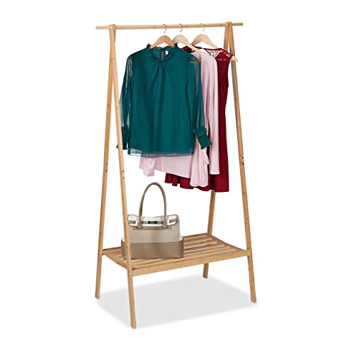 Relaxdays Kleiderständer Bambus, klappbarer Garderobenständer, HBT: 170 x 100 x 56,5 cm, Kleiderstange mit Ablage, natur