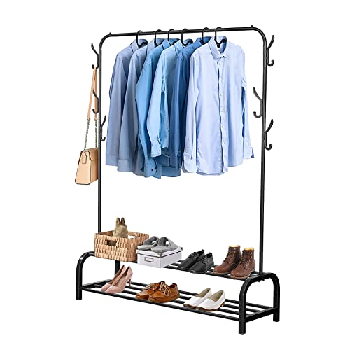 Youyijia Kleiderständer Metall Kleiderstange 110x33x150cm Freistehender Kleiderbügel mit Ablage Schlafzimmer Single Pole kleideraufbewahrung mit 2-Stufiger Storage Shelf und 6 Haken Bügel (Schwarz)