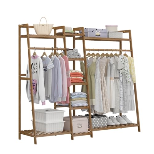uyoyous Kleiderständer Bambus Holz garderobenständer mit ablage (160 x 40 x 140 cm) Multifunktionale Schlafzimmer garderobe Kleiderständer mit 9 Ablagen 2 Kleiderstangestab