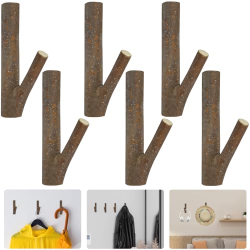 SCHYIDA 6 Stück Kleiderhaken Holz, Holzhaken Selbstklebend Garderobenhaken 14.5cm Handtuchhaken Vintage Wandhaken Wandgarderobe Holz Haken Natürliche Handtuchhalter für Mantel, Kleider, Schalf