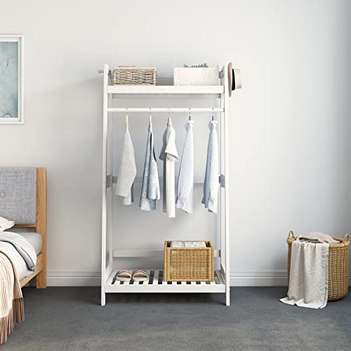 IOTXY Offener Holz-Kleiderständer – Weißes Massivholz, Kleiderschrank und Schrank-Organizer für Schlafzimmer, 70 cm Bx40 cm Tx145 cm H