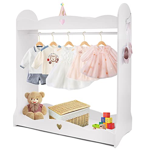 Jolitac Kleiderständer Kinder Garderobe Kleiderstange mit Spiegel & Haken aus Holz weiß lackiert, Kinderzimmer Kindermöbel Kinder Standgarderobe 105x95x40cm