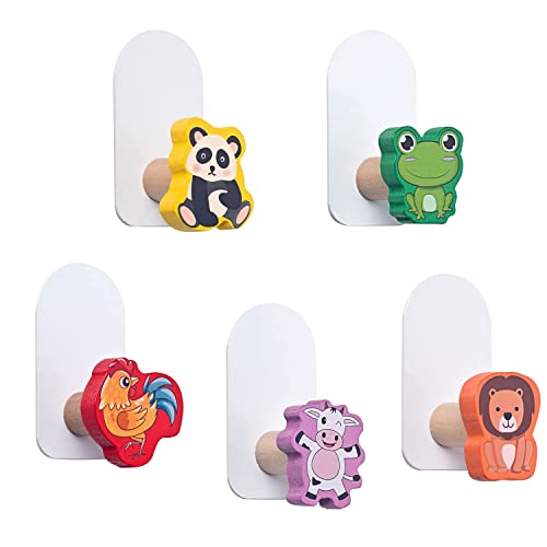 Esteopt Klebehaken Kinder, 5 Stück Haken Selbstklebend, Kinderkleiderhaken, Garderobenhaken Kinder Tiere Holz, Kindergarderobe Haken Selbstklebend, Kindergarderobe Kinderzimmer