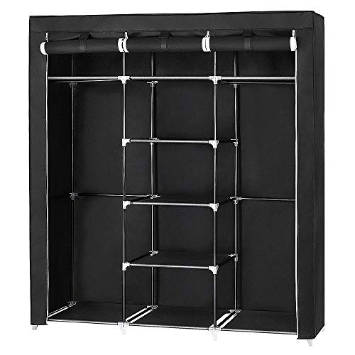 Willonin 3-türiger Kleiderschrank Vlies, Rollladengarderobe, Klappbarer Garderobenständer mit 2 Kleiderstangen, 175 * 150 * 45cm Schwarz (Kleidung beidseitig)