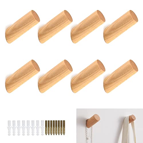 Nakutita 8 Stück Holzhaken Holz, Rund Holz Kleiderhaken, Kleiderhaken Garderobenhaken Wandhaken Garderobenhaken mit Schrauben, für Mützen, Rucksack, Schals, Kleidung