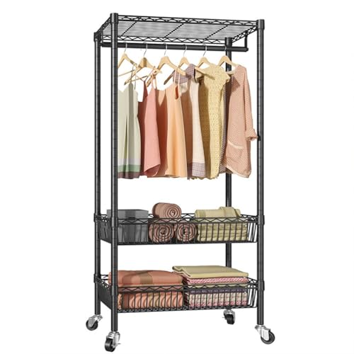 EMHKNLD Rollbarer Kleiderständer, Tragbarer Robuste Kleiderstange, Freistehender Coat Rack Aus Metall, Garderobenständer Mit Kleiderstangenkorb, Schwarz Aufbewahrungsregal