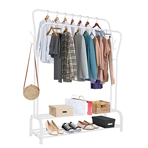 Youyijia Robuster Metall Kleiderständer mit 2 Kleiderstangen und Ablagefach - Freistehender Garderobenständer 146x37x110cm für Home Schlafzimmer Weiß