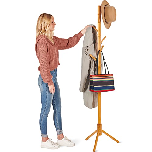 ZOBER Premium Garderobe aus Holz, freistehend, mit 6 Haken lackiertem Kiefernholz, Tree Garderobenständer für Mäntel, Hüte, Schals, Kleidung, und Handtaschen - Natur