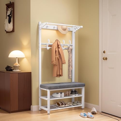 Emdmaltrix Garderobe flur schmal garderobe mit bank garderobenständer mit bank garderobenschrank mit sitzbank for Flur Weicher Sitzhocker, Metallgestell mit 9 Haken, 2-stufige Schuhablage(Weiß,80cm)