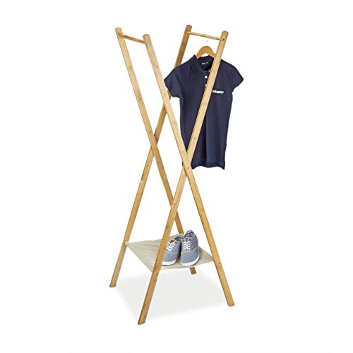 Relaxdays Kleiderständer aus Bambus HBT: 155,5 x 50 x 57,5 cm Garderobenständer mit praktischer Schuhablage platzsparend klappbar als Wäscheständer und Garderobe mit 2 Kleiderstangen aus Holz, natur