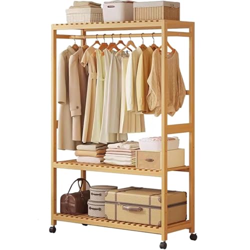 Rollbarer Kleiderständer, Bambus-Kleiderbügel mit 2 Ablagen, offener Kleiderschrank-Organizer und oberer Stange für Schlafzimmer und Flur, 98 cm, tragbarer Kleiderständer