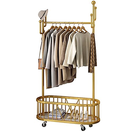 Metall Kleiderständer Auf Rollen, Garderobenständer mit 6 Haken und 1 Kleiderstange, Freistehender Kleiderbügel Schlafzimmer mit Unterem Lagerregal, Size : 80/100 * 32 * 172cm