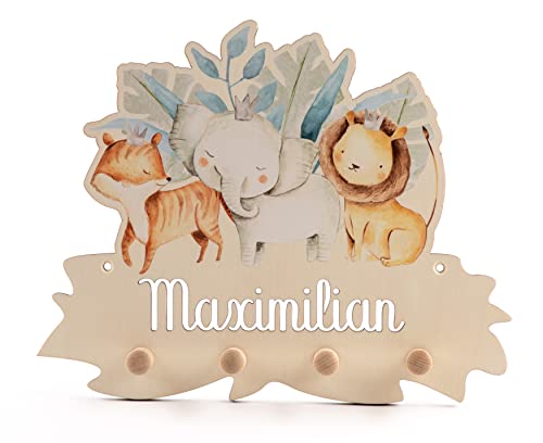 Personalisierte Kindergarderobe 'Dschungel' aus Birkenholz mit vier Kleiderhaken. Garderobe für Kinder mit Wunschnamen, Motiv Dschungeltiere, Löwe, Elefant und Tiger im Dschungel, ca. 35 x 28,5 cm