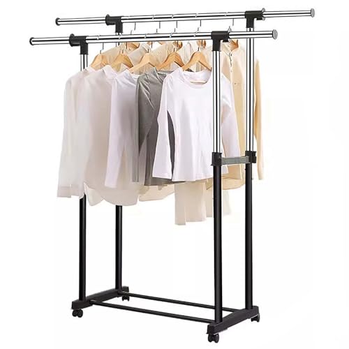 Generisch Rollbarer Kleiderständer mit Doppelstange – Tragbarer, verdickter Kleiderständer für Schlafzimmer, Wohnzimmer und Einzelhandel – Stabiler Kleiderbügelständer (Schwarz)