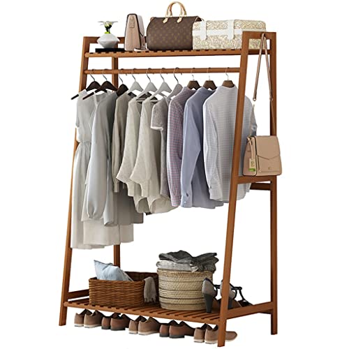 Kleiderständer aus Bambus mit 2-stöckigen Regalen und Hängestange, Kleiderschrank im Anti-Fall-Design mit 2 Haken für Stoffmantel, Schuhaufbewahrung, Organizer, Regal (Color : Brown, Size : 80 * 40 *