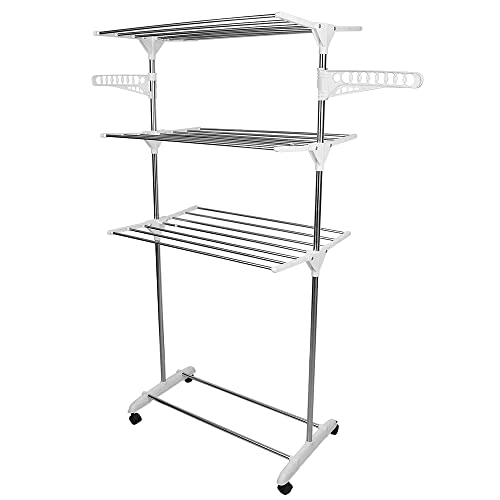 Baiyun Kleiderständer Freistehender, Garderobenständer Faltbares Design, Offener Kleiderstange auf Rollen, Multifunktional Kleiderschrank mit 2 Kleiderstangen und 3 Ablage (Weiß + Edelstahl)