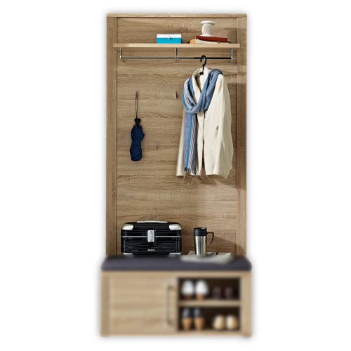 Stella Trading GO Garderobenleiste in Sonoma Eiche Optik - Moderne Hutablage & zuverlässige Wandhaken für Jacken & Taschen - 90 x 196 x 27 cm (B/H/T)