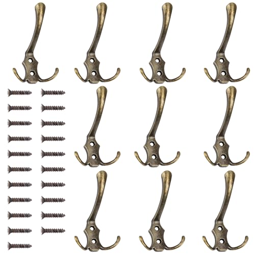 GOWTX 10 Stück Garderobenhaken Bronze, Kleiderhaken Vintage Bronze, Drei Kleiderhaken Wand Haken, Anti-Kratzer Kleider Wandhaken mit Schrauben, Massive Antik Doppel-Haken für Bad Schlafzimmer Küche