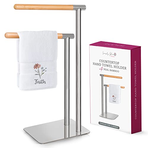 Handtuchständer für Badezimmertheke – Doppelhandtuchständer für Badezimmertheke, Edelstahl 304 und Bambus-Handtuchhalter, L-förmiger Handtuchständer für 2 Handtücher mit rutschfesten Pads