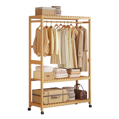 Generisch Verstellbarer Kleiderständer aus Bambus auf Rädern, freistehender Kleiderständer mit Regalen, rollbare Kleiderstange – robuste Tragkraft von 100 kg, perfekt für Zuhause und den Einzelhandel