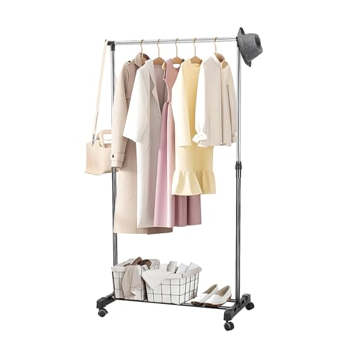Queiting Kleiderständer mit Rollen Tragbarer Kleiderständer Höhenverstellbare Stabiler Kleiderstange 90-160cm Ausziehbare Hängeschienen Metallrahmen Schwarz für Schlafzimmer Waschräume (Einzelhebel)