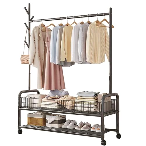 Industrieller Garderobenständer mit Schuhaufbewahrung und Kleiderständer, robuster Stahlrahmen, Flurbaum mit Haken und Regalen, 90/120 cm x 35 cm x 176 cm, Tragfähigkeit, 100 kg, Flurnizer mit Rollen